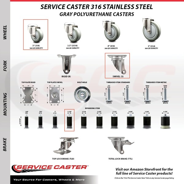 Service Caster 3 Inch 316SS Gray Polyurethane Swivel 1-1/8 Inch Expanding Stem Caster Set SCC SCC-SS316EX20S314-PPUB-118-4 - main